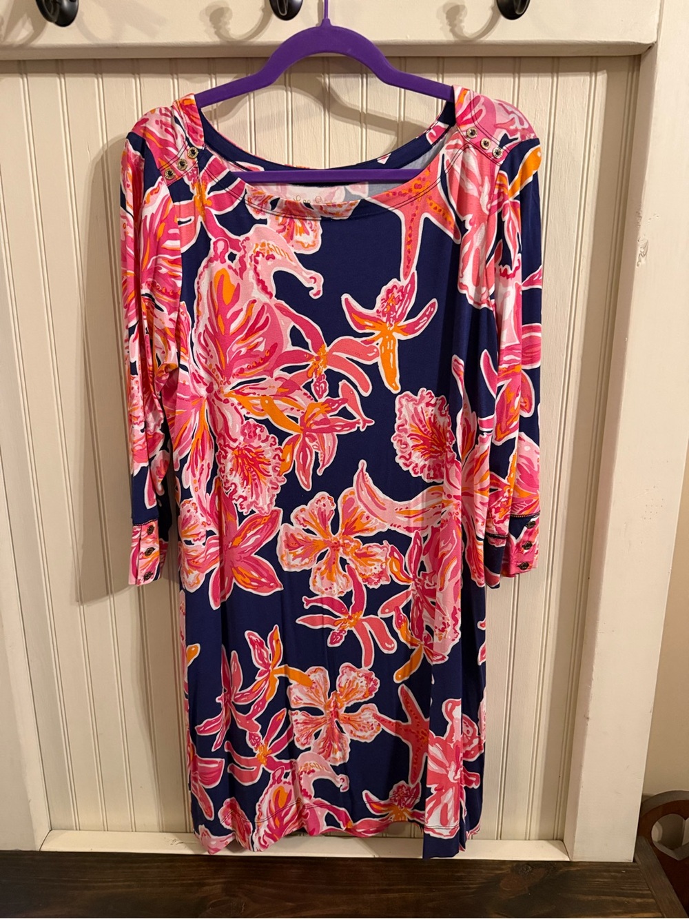 Lilly Pulitzer Sophie Navy Midi Dress with Pink & Orange Floral Pattern